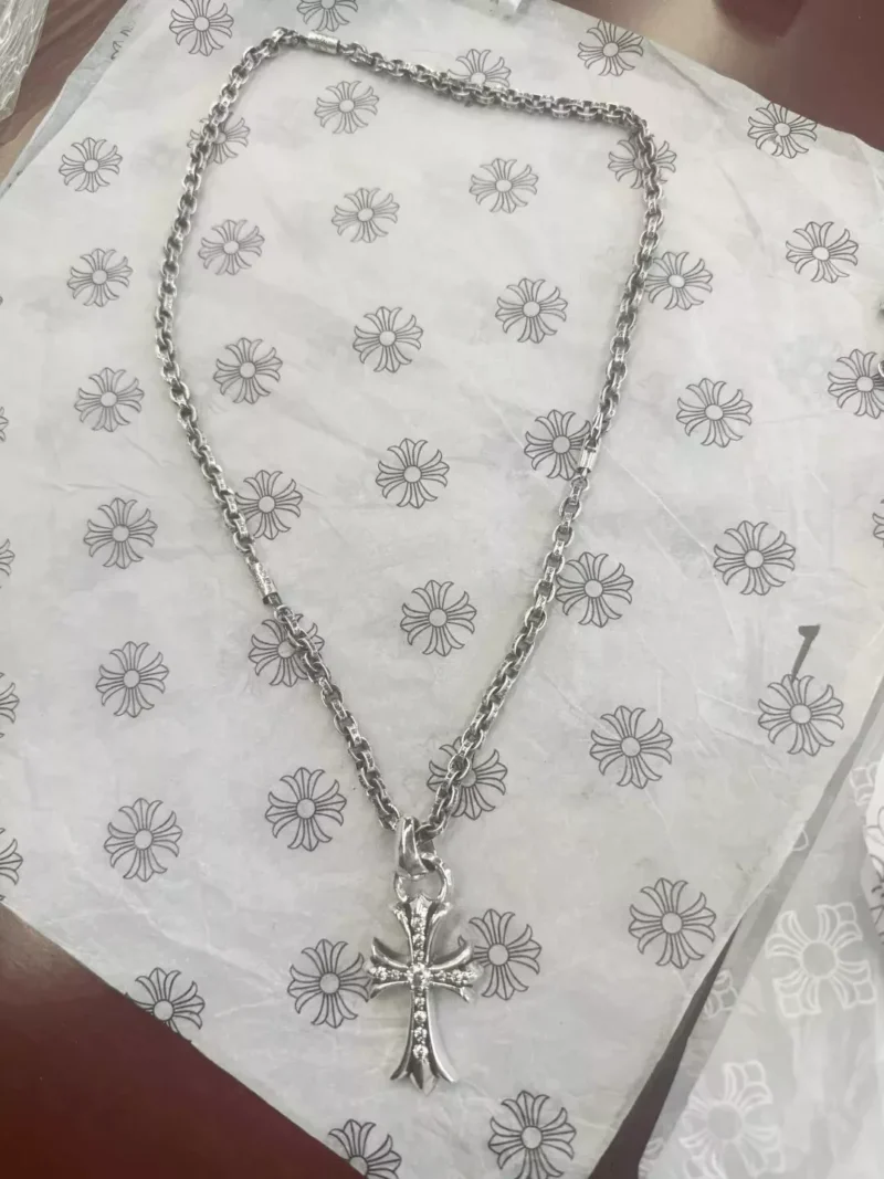 Chrome Hearts Cross Diamond Pendant 925 Sterling Silver Unisex Necklace -Unisex