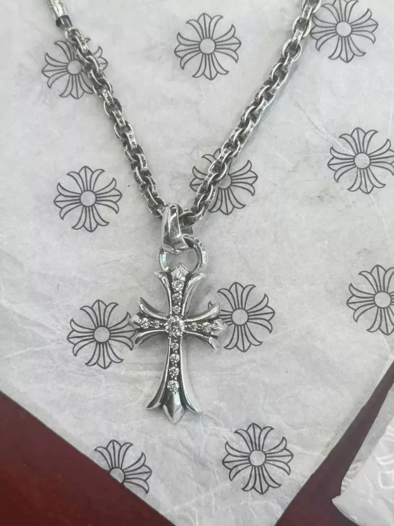 Chrome Hearts Cross Diamond Pendant 925 Sterling Silver Unisex Necklace -Unisex